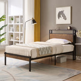 Twin Size Metal Platform Bed Frame with Wooden Headboard and Footboard with USB LINER, No Box Spring W2297P222789