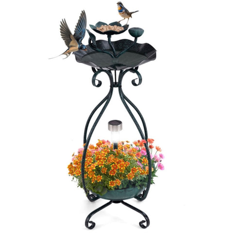 ZUN Dark green Solar Bird Bath Feeder Combo with Flower Planter Pedestal and Solar Lights 41401767