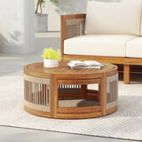 27.95" Acacia Wood Outdoor Coffee Table - Handwoven Rope Accent Boho Patio Table with All-Weather N767P300153A