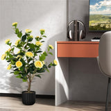 2 PCS 38 Inch Artificial Camellia Tree Faux Flower Plant in Cement Yellow 46836016