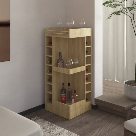 ZUN FM FURNITURE Lamer Corner Bar Cabinet with Wine Rack and Open Shelf, Natural Oak B128P269883