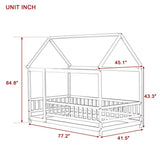 Twin Size House Floor Wooden Bed with Roof Frame,Safety Guardrails,Natural W504P286404