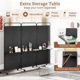 3-Panel Folding Divider with Lockable Wheels and 3 Metal Shelves Black 83574560