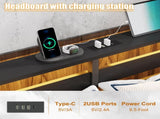 Full Size Metal Platform Bed Frame with Wooden Headboard and Footboard with USB LINER, LED Lights, W311P416241
