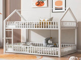 Metal Twin over Twin House Bunk Bed with Fence and Door, White N709P214091K
