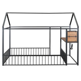 Full Size Metal Bed House Bed Frame with Desk, Shelves, Power Outlets and USB Ports, Black N737P173491B
