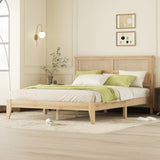 Queen Size Rubber Wooden, Solid Wooden Bed with Rattan Headboard, Enhanced by Support Feet,Oak White W504P184305