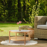 31.5in Rattan Coffee Table with Glass Top, Round End Table, Boho Style Side Table Sofa End Table for 97370521