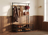 3-in-1 Industrial Hall Tree with Shoe Storage Bench, Rustic Walnut & Black 79990994