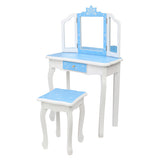 Children's Wooden Dressing Table Three-Sided Folding Mirror Dressing Table Chair Single Drawer Blue 02718254