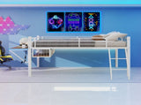 Full Size Metal Loft Bed with Built-in Desk & LED Light Strip, White Loft Bed Frame with Safety W1935P463341