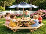 6-Seat Hexagonal Kids Picnic Table with Umbrella, Solid Fir Wood Outdoor Table & Bench Set for 81081668