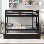 ZUN Twin Over Twin Bunk Beds with Trundle, Solid Wood Trundle Bed Frame with Safety Rail and Ladder, W50440570