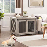 Farmhouse Dog Cage Crate Furniture Sliding Barn Door, Farmhouse Wooden Dog Kennel End Table W2275P164727