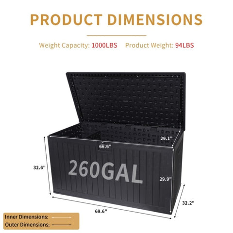 260 Gallon Resin Outdoor Deck Box Waterproof, Extra Large Patio Storage Box with Lockable Storage 84147687