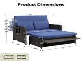 Patio Rattan Daybed Set, 2-in-1 Wicker Loveseat Sofa with Multipurpose Ottoman & Retractable Side 24305570