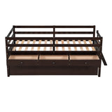 ZUN Low Loft Bed Twin Size with Full Safety Fence, Climbing ladder, Storage Drawers and Trundle Espresso WF312991AAP