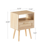 15.75" Rattan End table with drawer and solid wood legs, Modern nightstand, side table for living 08006568
