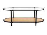 Oval 2-Tier Coffee Table, 37.8" x 19.7" x 18.1", Fluted Glass & PE Rattan 78161674