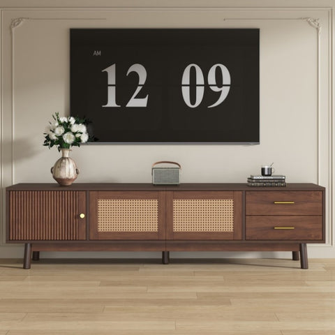 Mid Century Modern TV Stand for 80" TVs, Entertainment Center with Sliding Doors and Drawers, TV N710P257617P