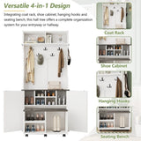 ON-TREND Farmhouse 4-in-1 Hall Tree with Barn Doors, Movable Bench with 7 Hanging Hooks and Shoe N721P205788K