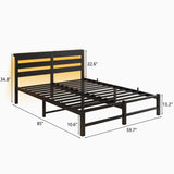 Queen Size Metal Bed Frame with Wooden Headboard, RGB Lights, Charger, Storage Shelf, Noise-Free, No W840P209907