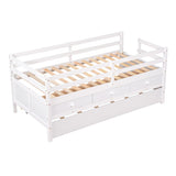 ZUN Low Loft Bed Twin Size with Full Safety Fence, Climbing ladder, Storage Drawers and Trundle White WF312991AAK