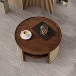 ZUN 2-Tiered Round Walnut Wood Coffee Table with Storage Rattan Base in 31.3'' N735P185131D