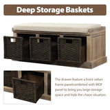 Rustic Storage Bench with 3 Removable Classic Rattan Basket , Entryway Bench with Removable Cushion 13131437
