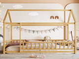 Twin Size Floor Wooden Bed with House Roof Frame, Fence Guardrails,Natural W1858P389939