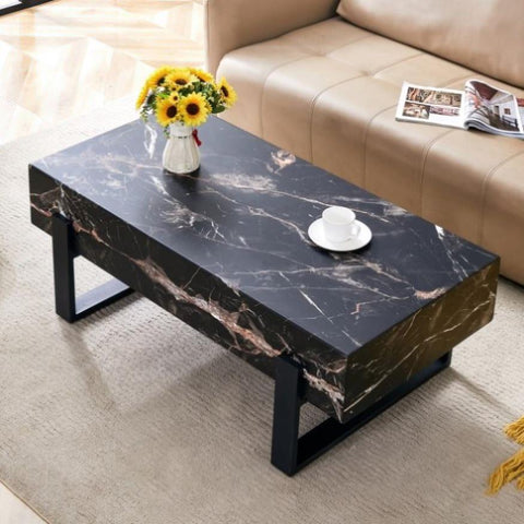 ZUN 47.2"x23.6" Black and White Minimalist MDF Marble-Patterned Coffee Table.White marble pattern W1151P205769