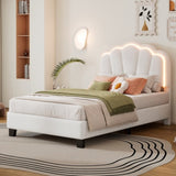 Twin Size Upholstered Flower-Shape Bed, Elegant Flowers Headboard with LED Light Strip , Sherpa N733P177307A