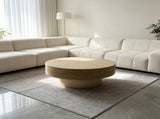 31.88 inch Round Travertine Coffee Table, Modern Drum Coffee Table with Champagne Gold Metal W5230P567203