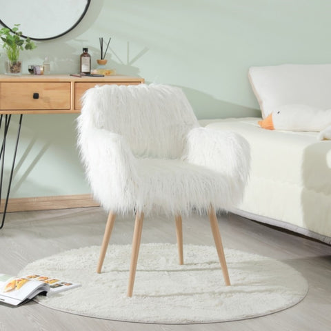 ZUN WHITE Faux Fur Upholstered Make up chair Side Dining Chair with Metal Leg W2069P174778