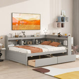 ZUN Full Bed with L-shaped Bookcases, Drawers ,Grey 14137248