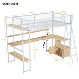 Twin Size Metal Loft Bed with Built-in Work Station, LED and Multiple Storage, White 81360789