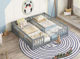 Double Twin Floor Bed with Fence, Guardrails, without door, Grey W504P143285