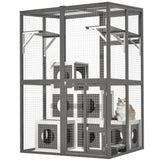 Outdoor Wooden Cat- Large Solid Wood Cat Cage Playpen with 2 Jumping Platforms & 7 Napping Houses, 86589654
