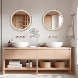 31.5 inches Round Wall Mirror for Bathroom Vanity, Wooden Farmhouse Circle Mirrors for Bedroom, W2295P339144