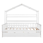 ZUN Wooden Full Size House Bed with Twin Size Trundle,Kids Bed with Shelf, White 90541067