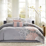 Printed Cotton Sateen Comforter Set Grey/Peach Cal King B03597064
