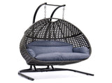 Charcoal Wicker Hanging Double-Seat Swing Chair with Stand w/Dust Blue Cushion MWTF-9716KD3