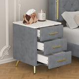 Upholstered Wooden Nightstand with 3 Drawers and Metal Legs&Handles, Bedside Table with Marbling N733P208520E