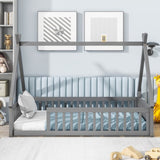 Twin Tent-shaped Floor Bed, Teepee Bed with Guardrails, Slats,Grey W504119495