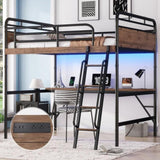 Full Size Metal Loft Bed with Desk, Metal Loft Bed with LED Light and Charge Station,Black W2580P286695