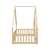 Twin Wood House-Shaped Floor Bed with Fence, Guardrails ,Natural W504P143291