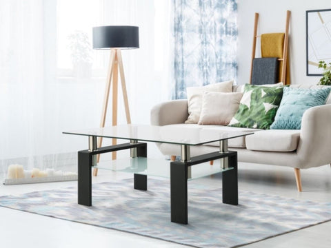 ZUN Rectangle Black Glass Coffee Table, Clear Coffee Table, Modern Side Center Tables for Room, 88320604