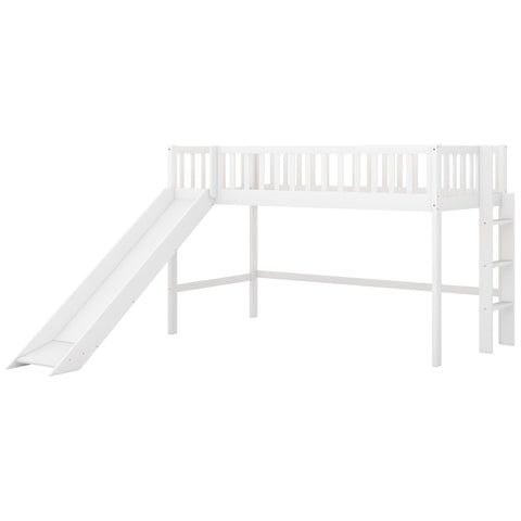 ZUN Twin Size Low Loft Bed with Ladder and Slide,White 74563380