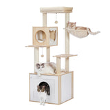 ZUN 56.7" Cat Tree with Litter Box Enclosure Large, Wood Cat Tower for Indoor Cats with Storage Cabinet 05599943