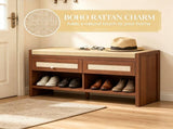 Brown 3-Tier Shoe Storage Bench Cushioned Seat, 2 Rattan Drawers and Bottom Open Shelf 49292060